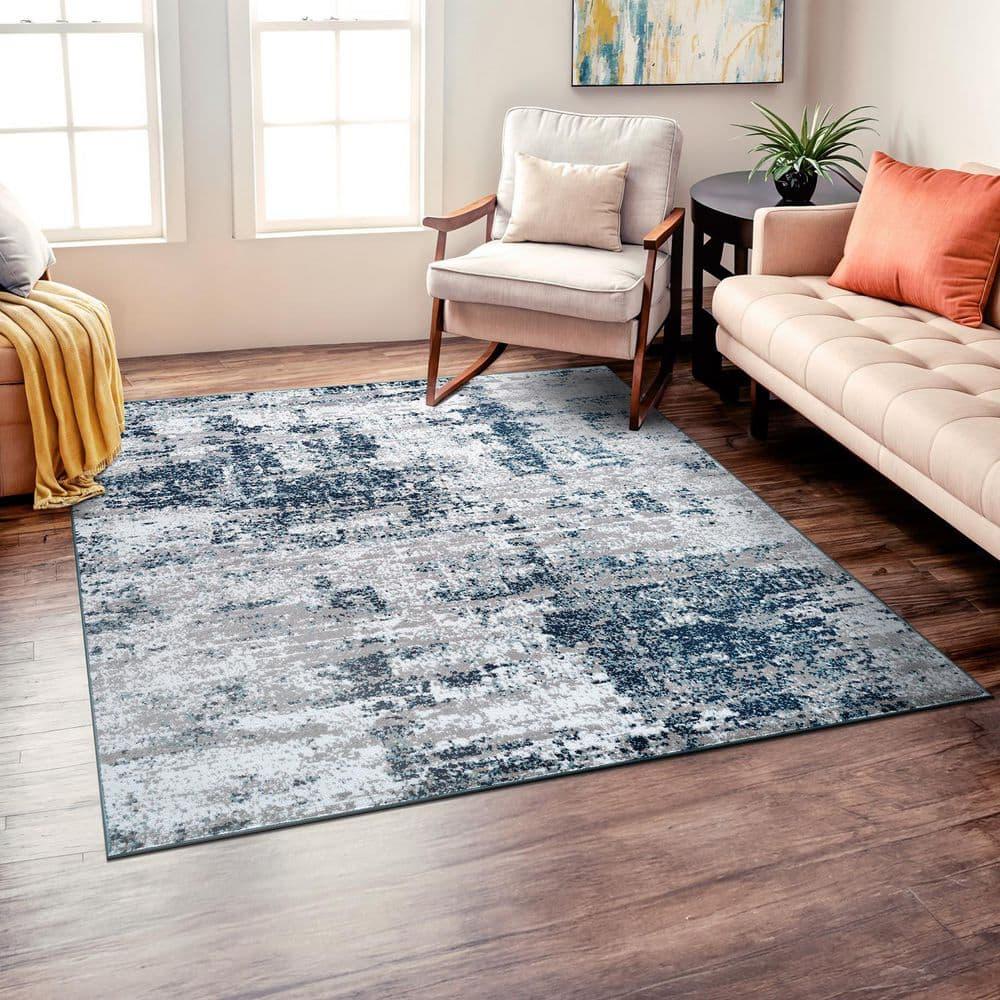 World Rug Gallery Distressed Abstract Area Rug - Blue 6'6"x6'6": Stain-Resistant, Low Pile, Pet Friendly, Machine Made