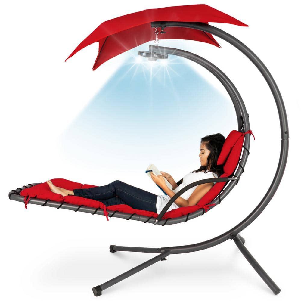 Best Choice Products Hanging LED-Lit Curved Chaise Lounge Chair for Backyard, Patio w/ Pillow, Canopy, Stand - Red
