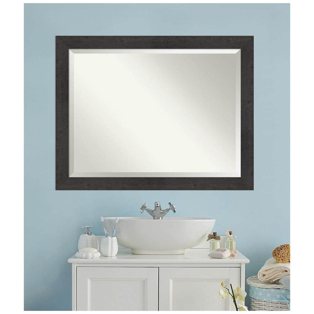 Amanti Art Beveled Bathroom Wall Mirror - Rustic Plank Espresso Frame Outer Size: 45 x 35 in