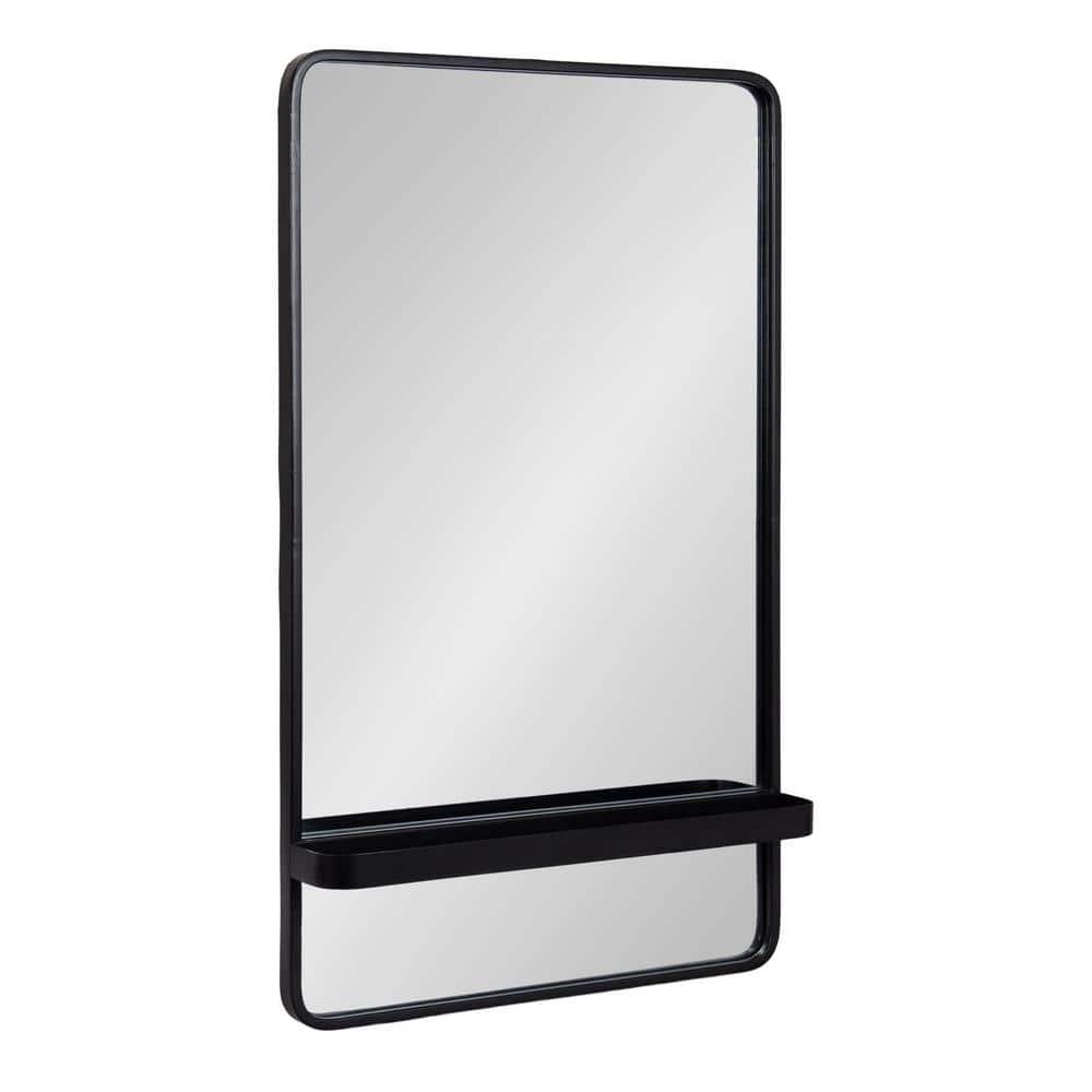 Kate and Laurel Estero Modern Metal Rectangle Mirror with Rounded Shelf, 20 x 34, Black, Decorative Contemporary Rounded Rectangle Shelf Mirror for Living Room or Bedroom Storage and Display