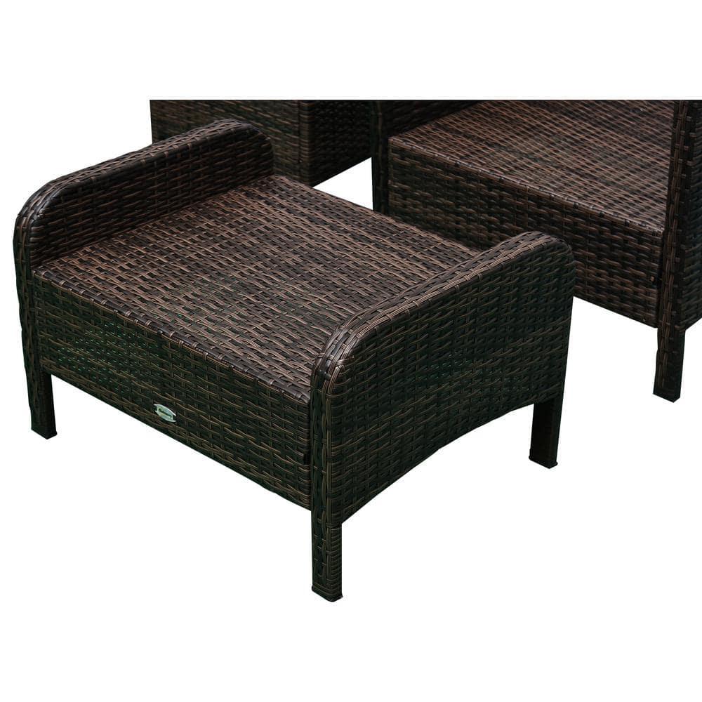 Outsunny 5 Piece Rattan Wicker Lounge Chair, Outdoor Patio Conversation Set with 2 Cushioned Chairs, 2 Ottomans & Top Coffee Table, Brown
