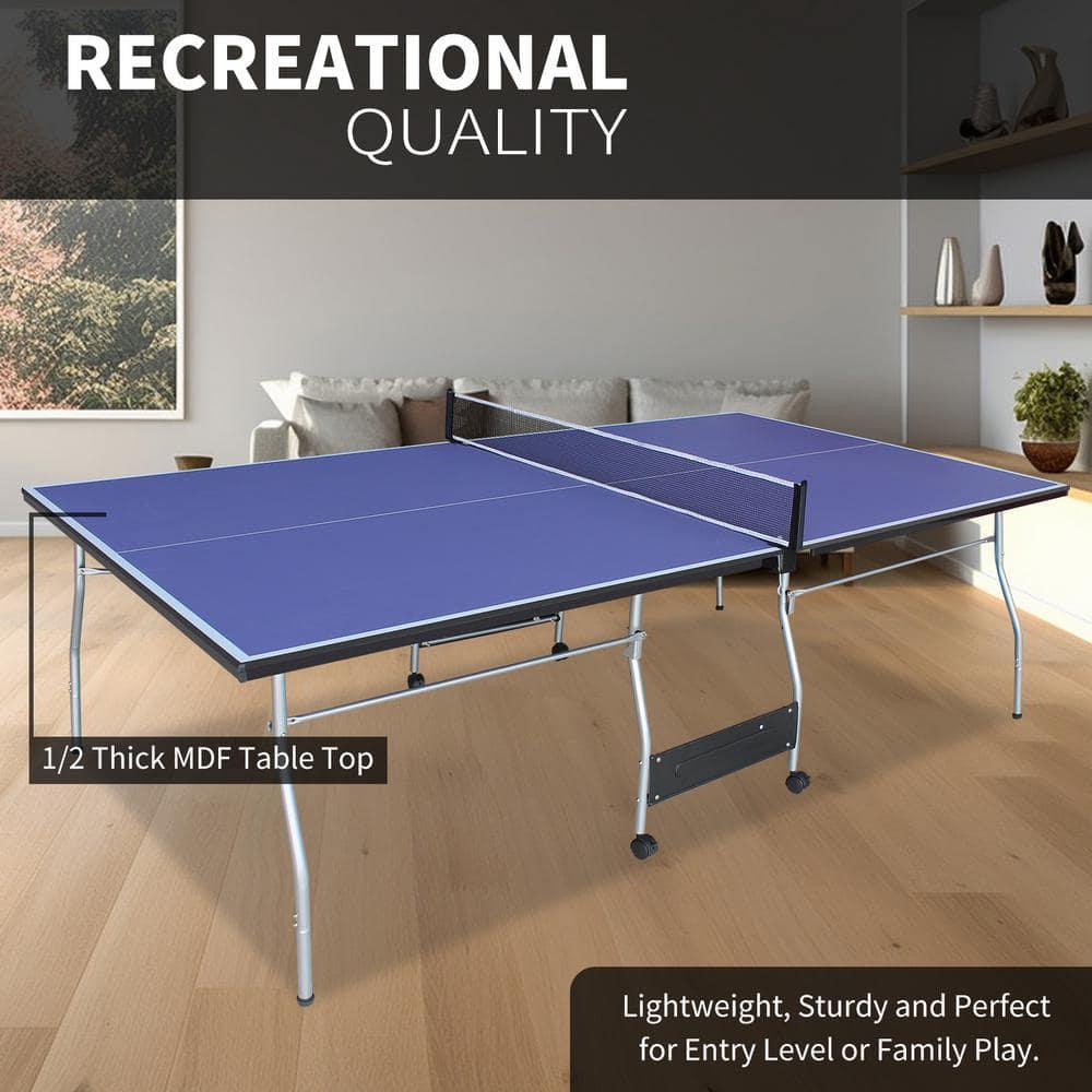 8 ft Blue Foldable Outdoor Table Tennis Set with Net and Paddles