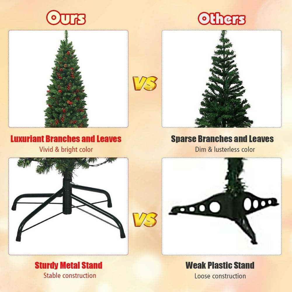 Costway 7.5Ft Pre-lit Hinged Pencil Christmas Tree w/Pine Cones Red Berries & 350 Lights