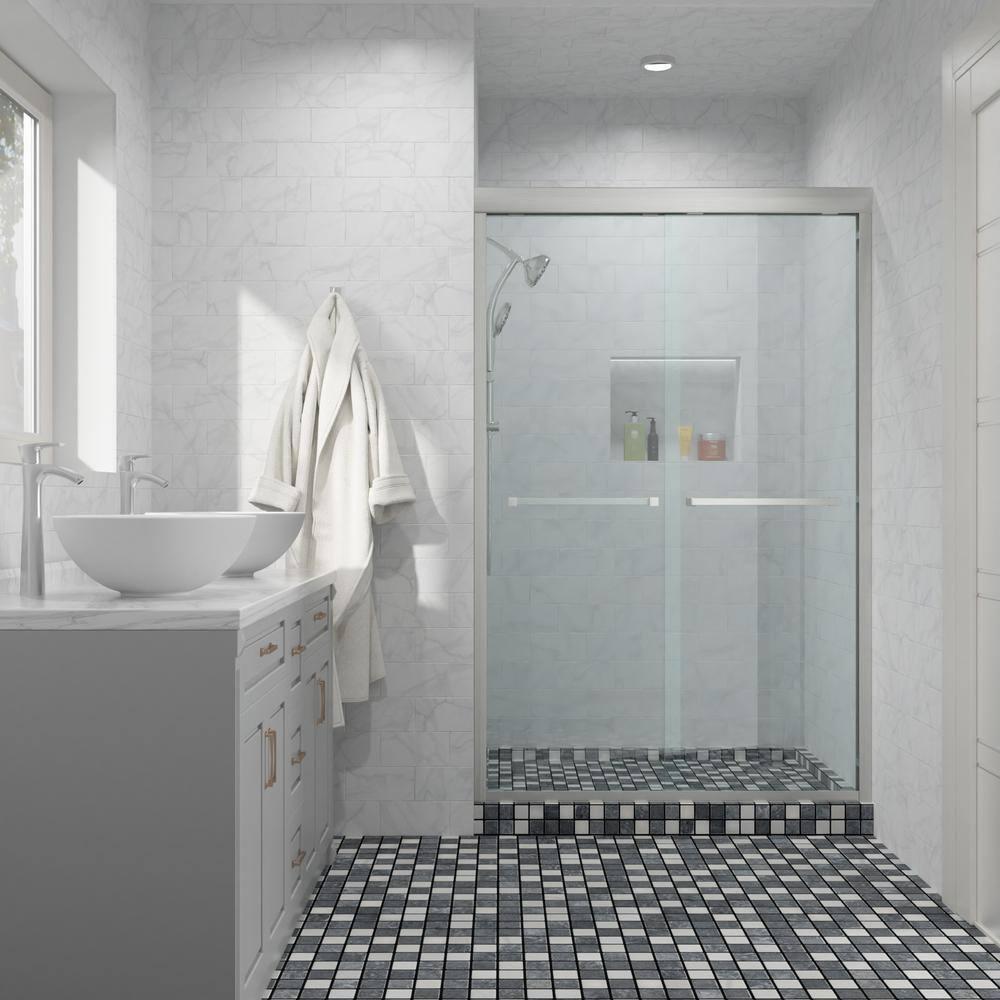 COUOKO 48" W X 76"H Semi-Frameless Shower Door Bypass Sliding Shower Enclosure, Brushed Nickel RD-CUK6A22-48SS
