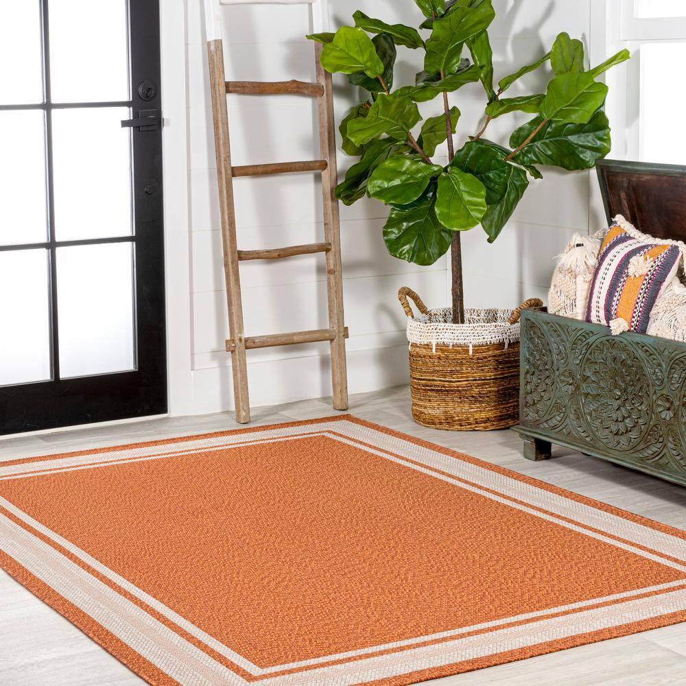 4' x 6' James Modern Border Stripe Indoor/Outdoor Area Rug, Orange/Cream - JONATHAN Y