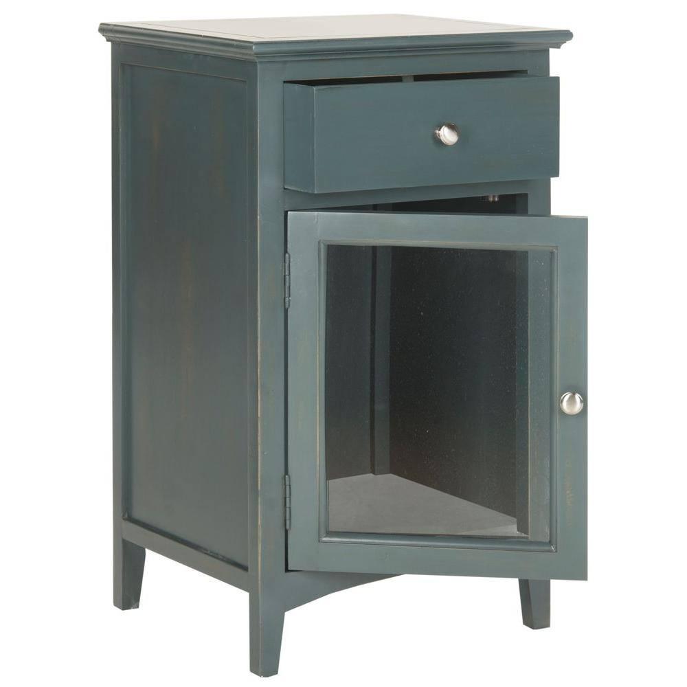 Ziva 1 Drawer Nightstand with Glass Cabinet - Dark Teal - Safavieh.
