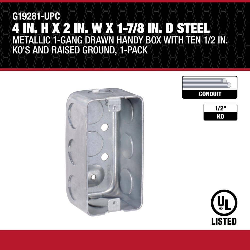 Southwire G19281-UPC 4 x 2 x 1.87 in. Steel Metallic 1-Gang Drawn Handy Box with KO & Raised Ground