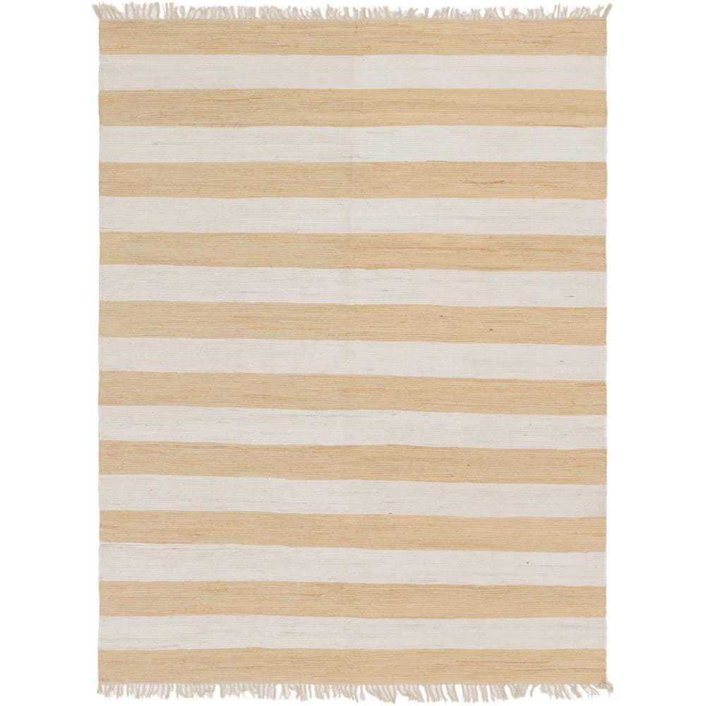 Unique Loom Chindi Rag Collection Area Rug - Striped (9'  x 12' 2" Rectangle Beige/Ivory)