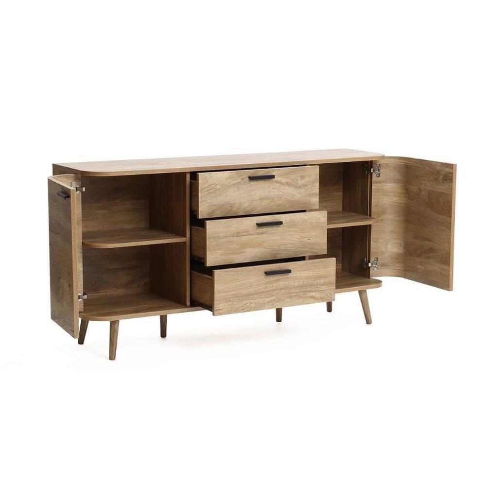 LuxenHome Sideboard Buffet Cabinet with Storage, 59'' Wide Natural Oak Manufactured Wood Accent Console Cabinet with 2-Door and 3-Drawer