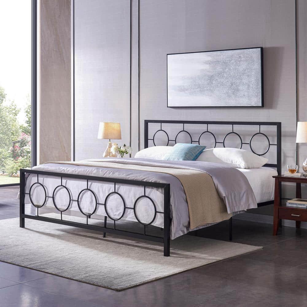 Noble House Ewelina Modern King-Size Iron Geometric Low-Profile Bed Frame, Flat Black