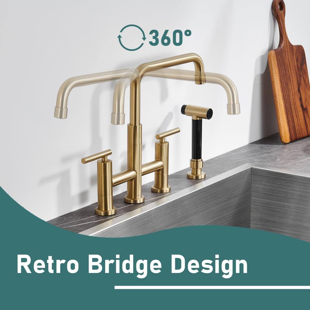 Double Handle Bridge Kitchen Faucet in Brushed Gold, with Put Out Side Sprayer