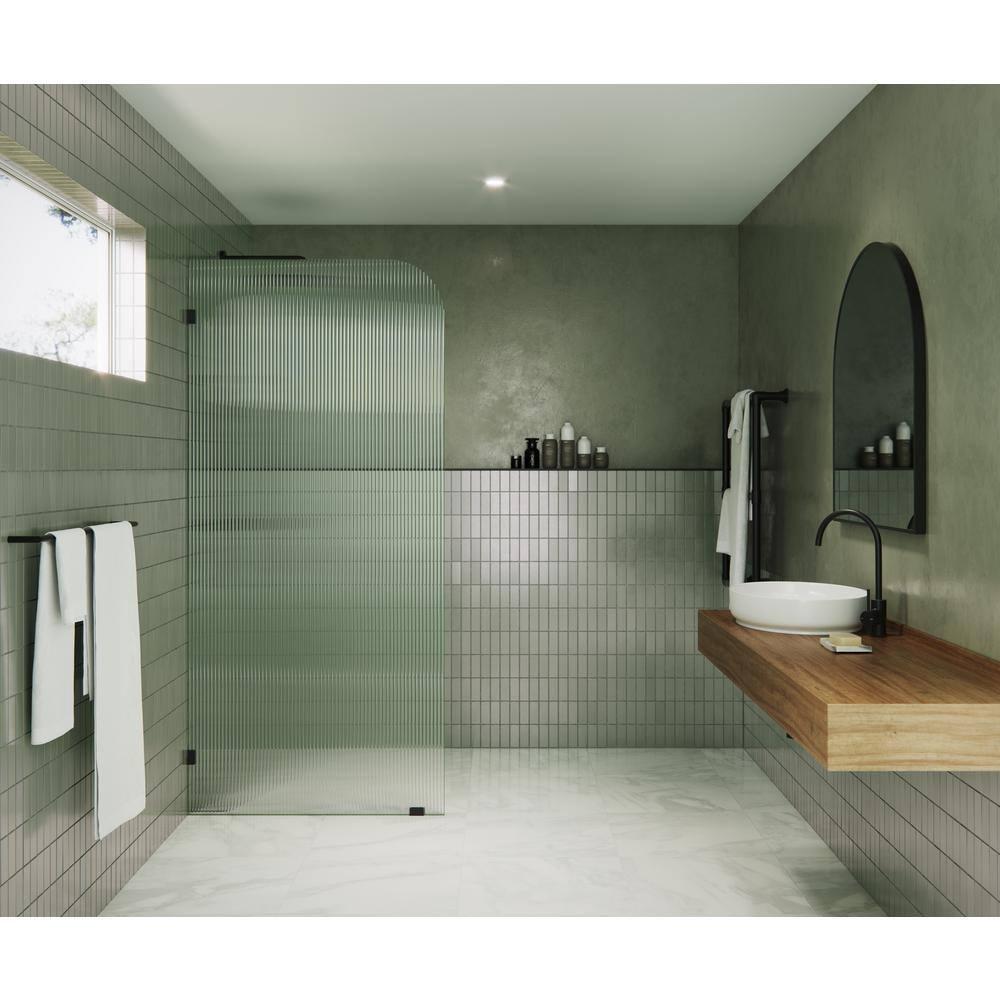 Glass Warehouse  36" x 78" Frameless Shower Door - Single Fixed Panel Fluted Frosted Radius Matte Black 36 Inch - Left Matte