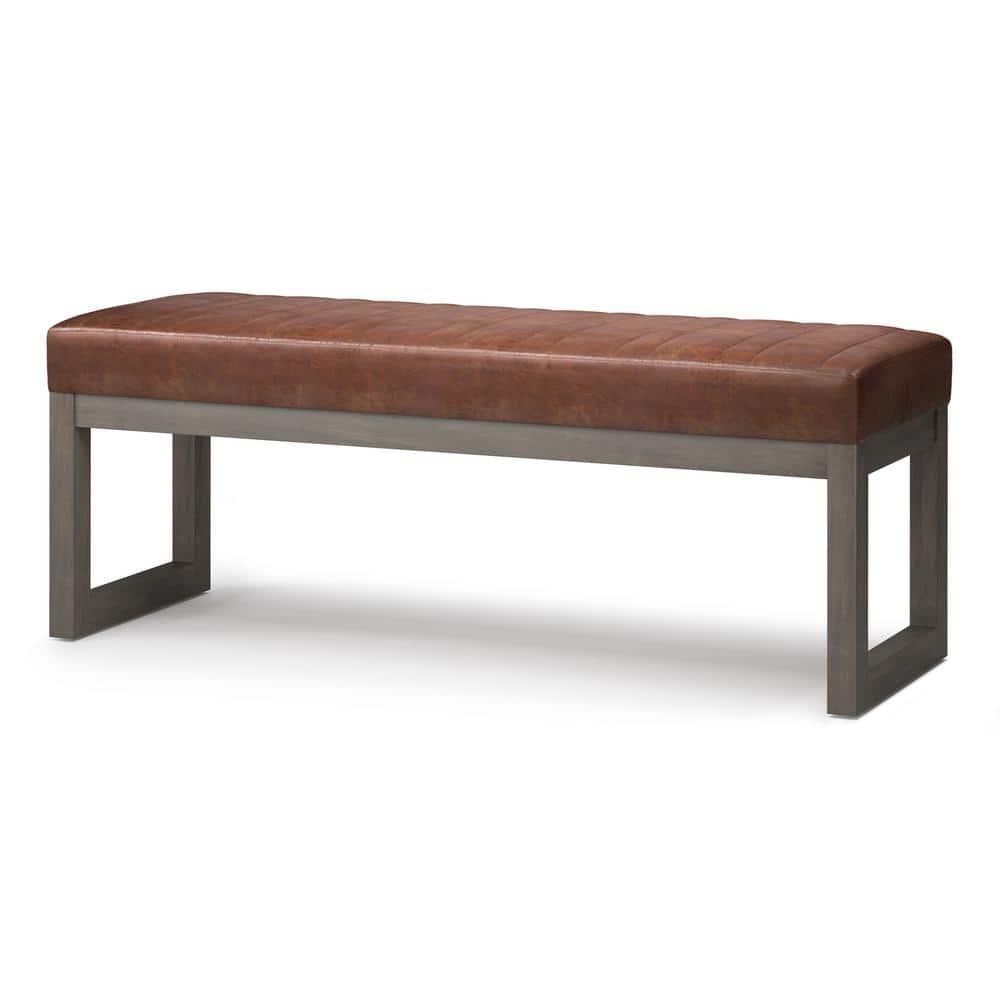 Simpli Home Casey 48"W Distressed Vegan Leather Ottoman Bench with Quilted Vertical Stitching