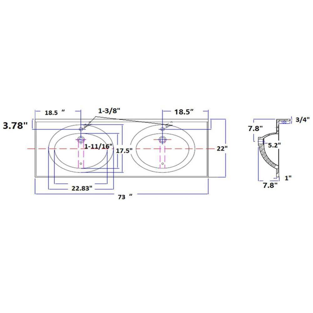73 Inch Cultured Marble Vanity Top Two Sinks with Backsplash, White