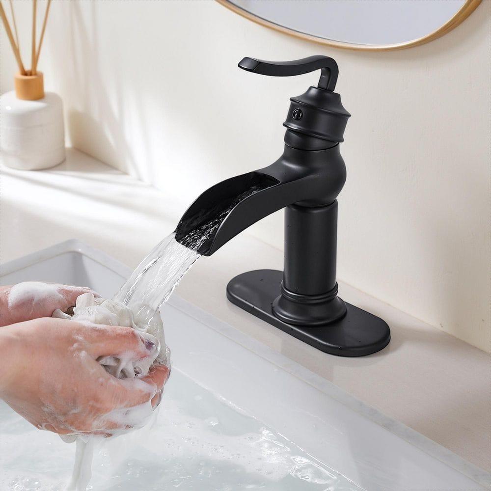FORIOUS Black Waterfall Bathroom Faucet, Single Handle Antique Bathroom Sink Faucet with Deck Plate, Lead-Free CUPC Hose and Metal Pop-up Drain for 1 Hole or 3 Hole Farmhouse, Lavatory, Vanity