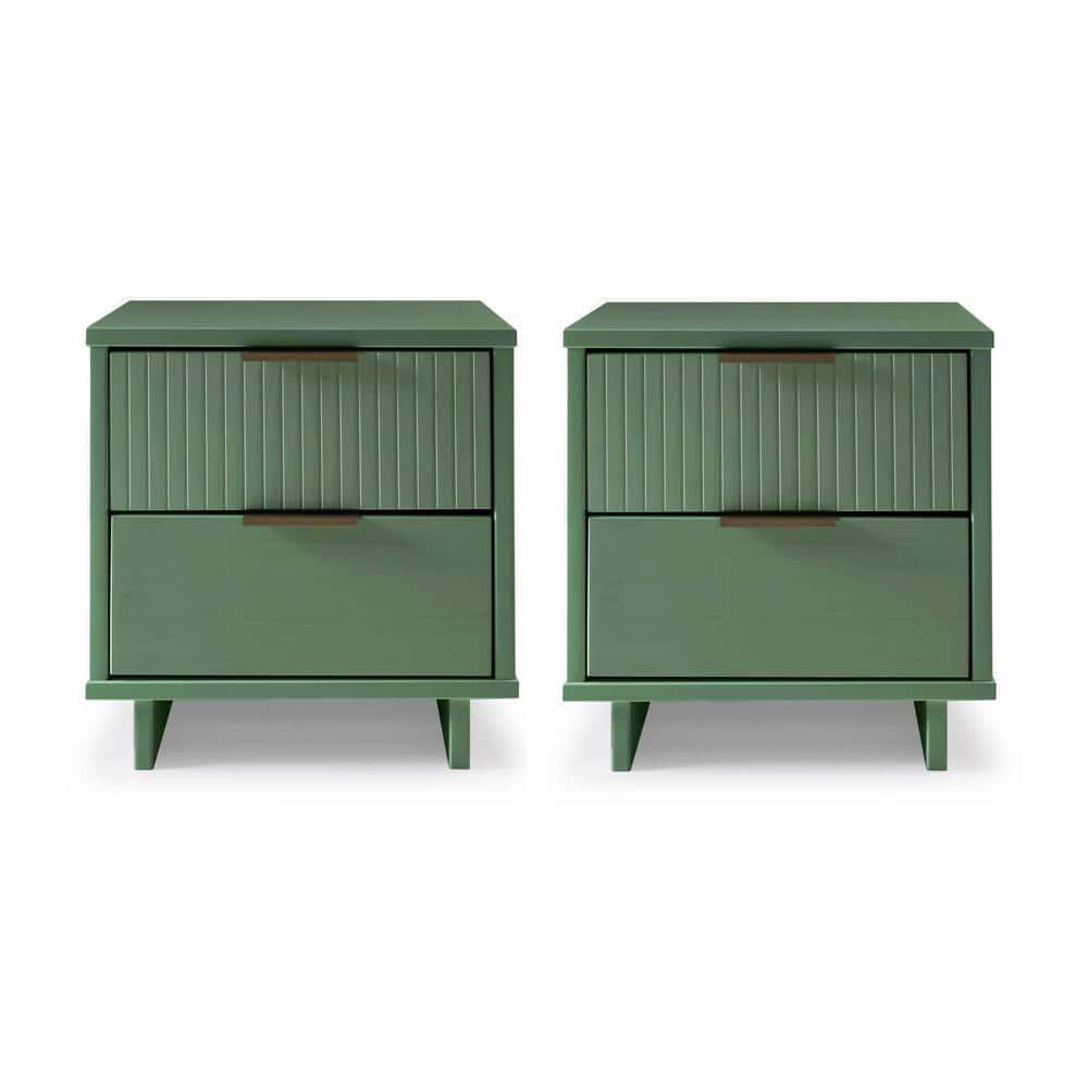Manhattan Comfort Set of 2 Granville 2 Drawer Nightstands Sage Green: Modern Design, Soft Close, Metal Handles