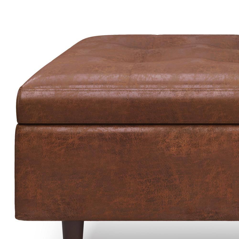 Simpli Home Shay 38 inch Wide Mid Century Modern Square Mid Century Large Square Coffee Table Storage Ottoman in Distressed Saddle Brown Vegan Faux Leather