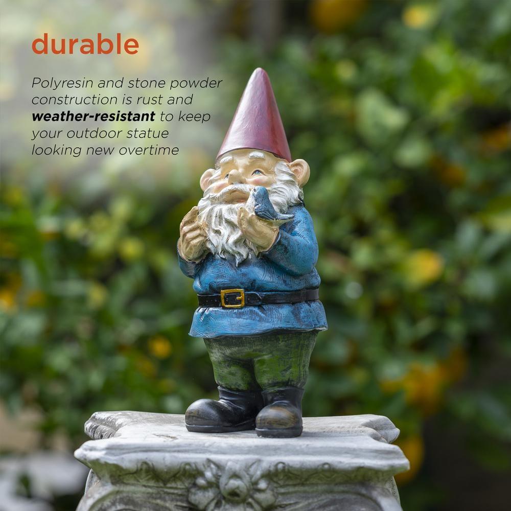 Alpine Corporation 12" Tall Outdoor Garden Gnome with Bird Yard Statue Decoration, Multicolor