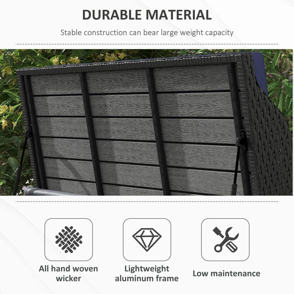 Outsunny Storage Bench Rattan Wicker Garden Deck Box Bin with Interior Waterproof Bag and Comfy Cushion, Navy Blue