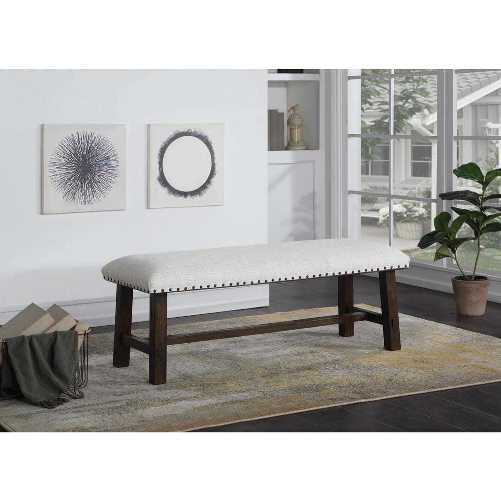 Callen Bench with Walnut Frame and Bronze Nailhead Trim in Linen White Fabric