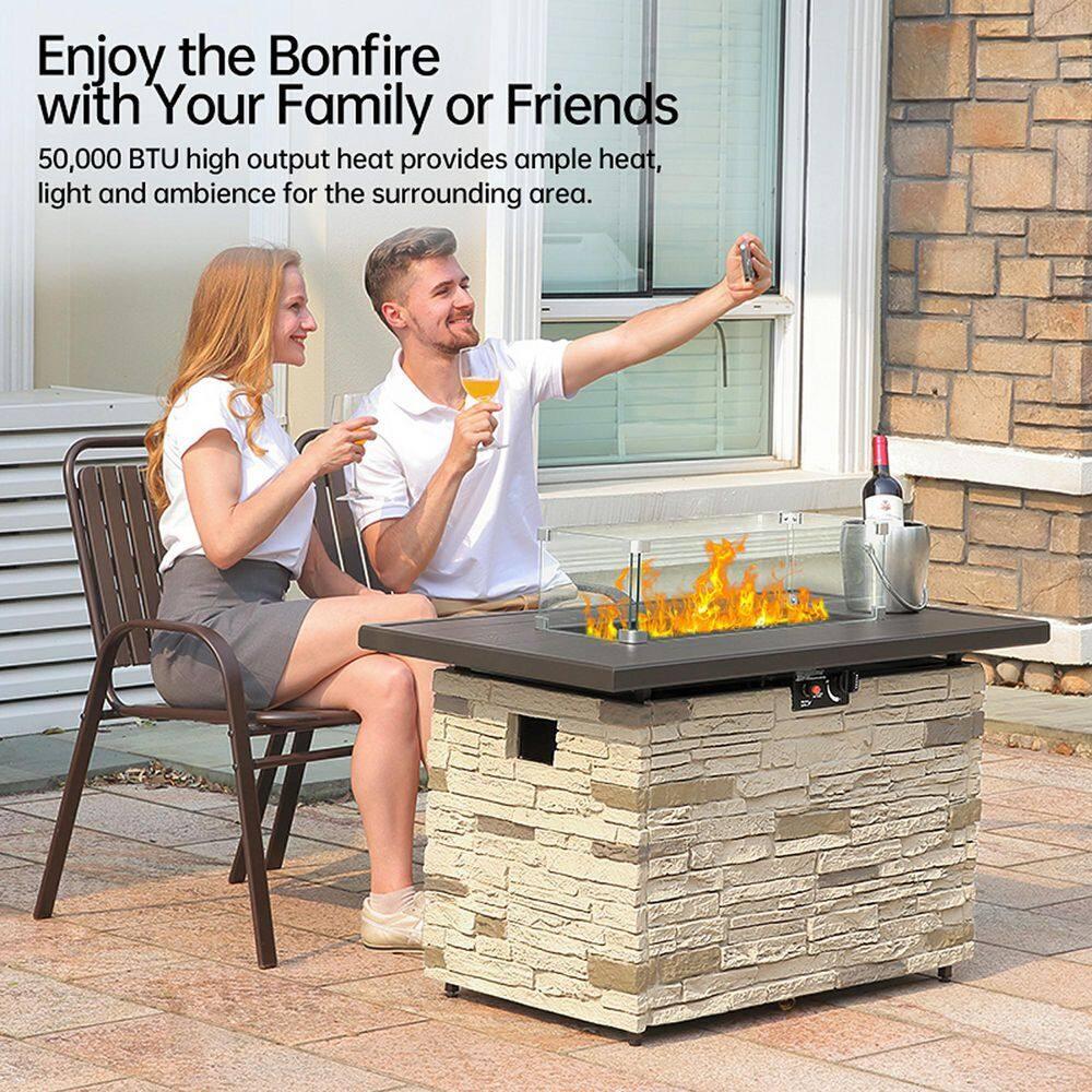 43" Propane Fire Pit Table Outdoor Stone Firepit Table Rectangular 50000 BTU Propane Fire Tables for Outside Patio with Wind Guard, Table Lid, Fire Beads, Cover,Pizzello Caldo (Buff)