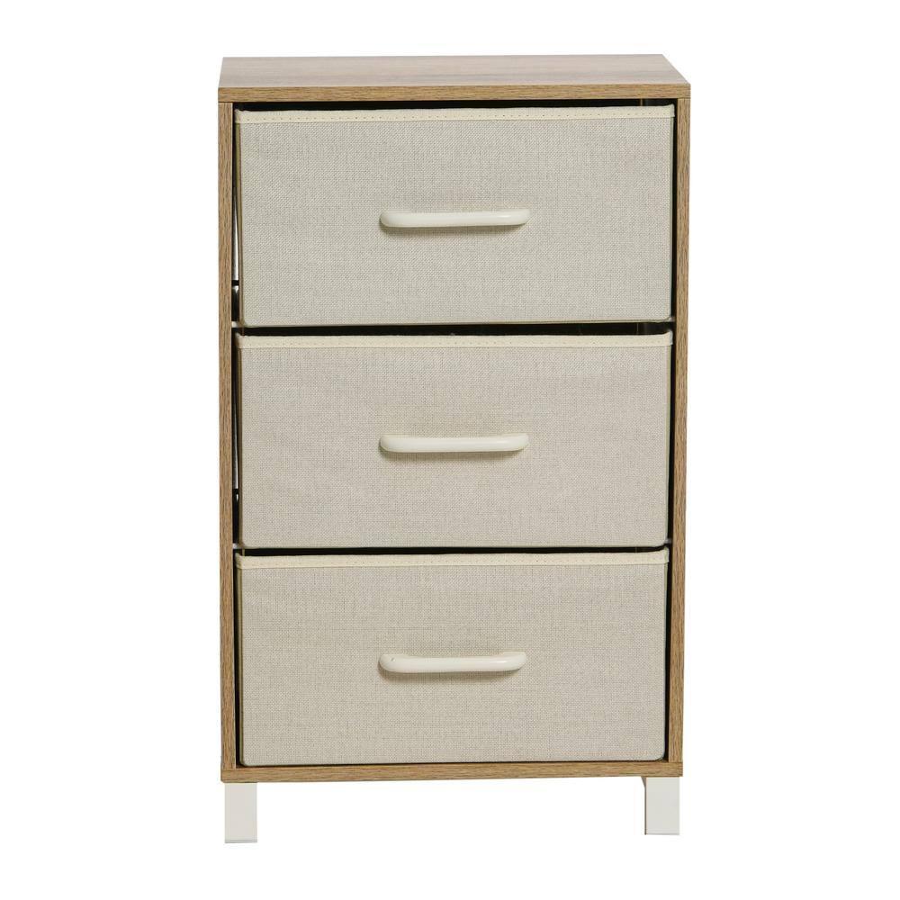 Household Essentials 3 Drawer Dresser, Narrow Storage Chest, Multi-Color Drawers, Wire Backing and Metal Feet, Wood Handles, Coastal Oak Laminate