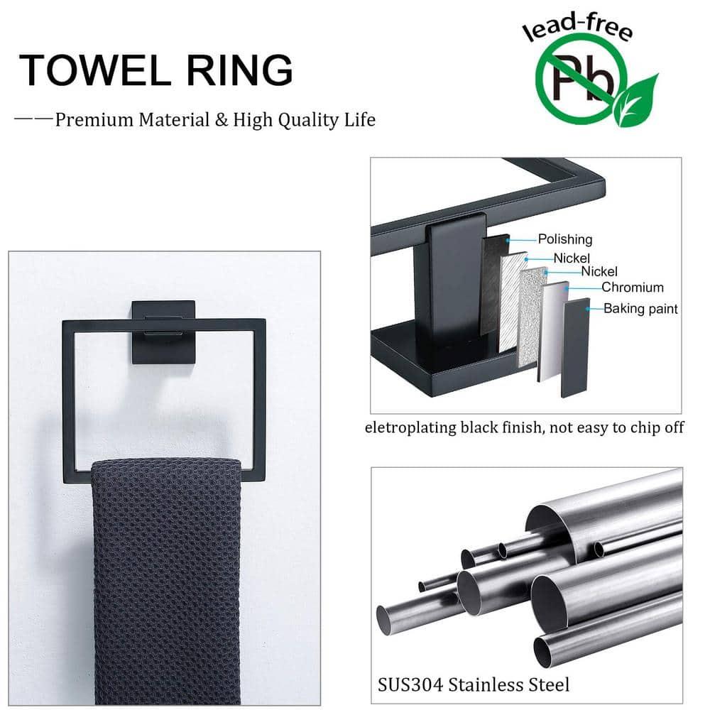 5 Pieces Square Matte Black Stainless Steel Bathroom Accessories Set Include 23.6 in Towel Bar, Toilet Paper Holder, Towel Ring, 2 Robe Towel Hooks