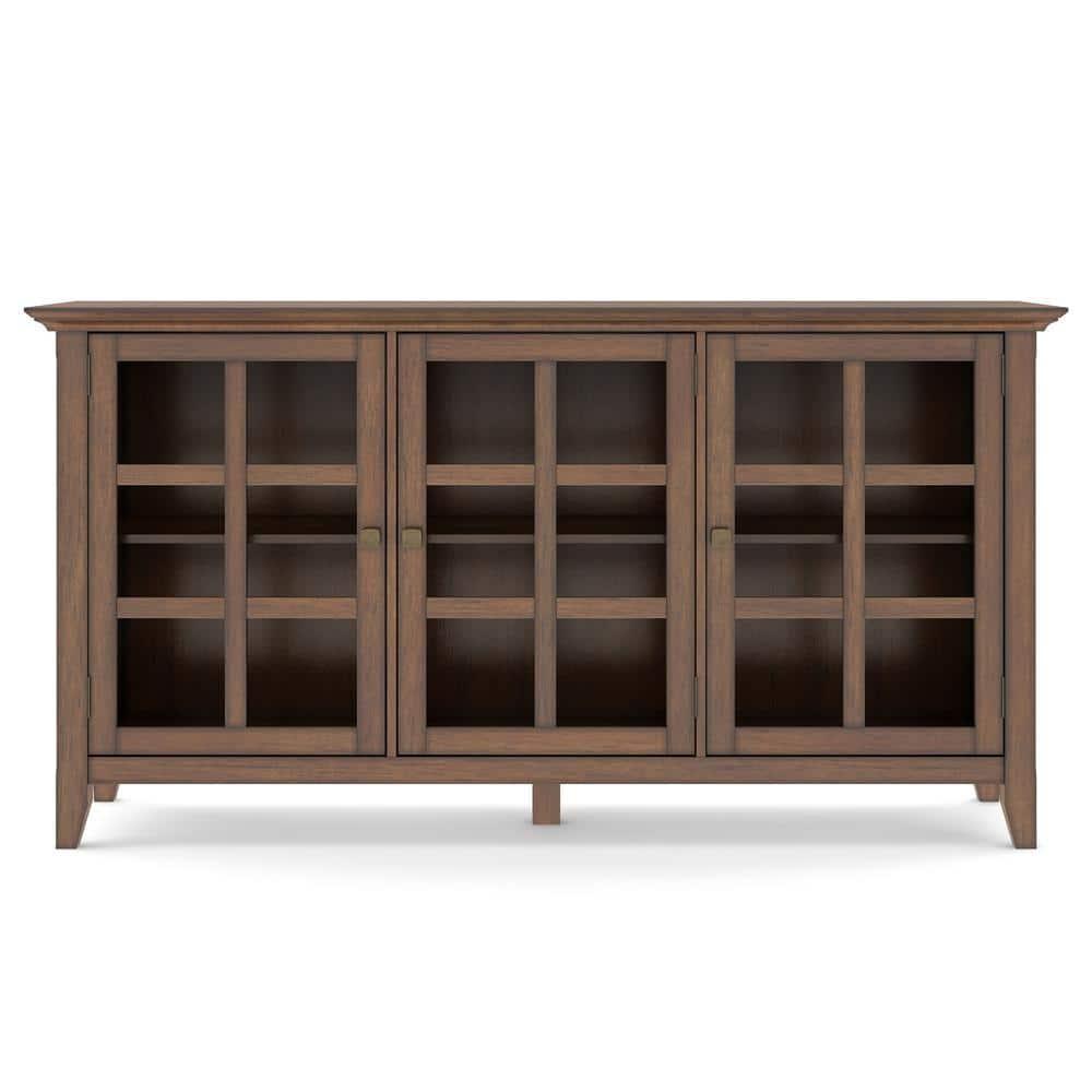 Simpli Home Acadian 62"W Solid Wood 3-Shelf Storage Cabinet with Tempered Glass Doors and Adjustable Shelves