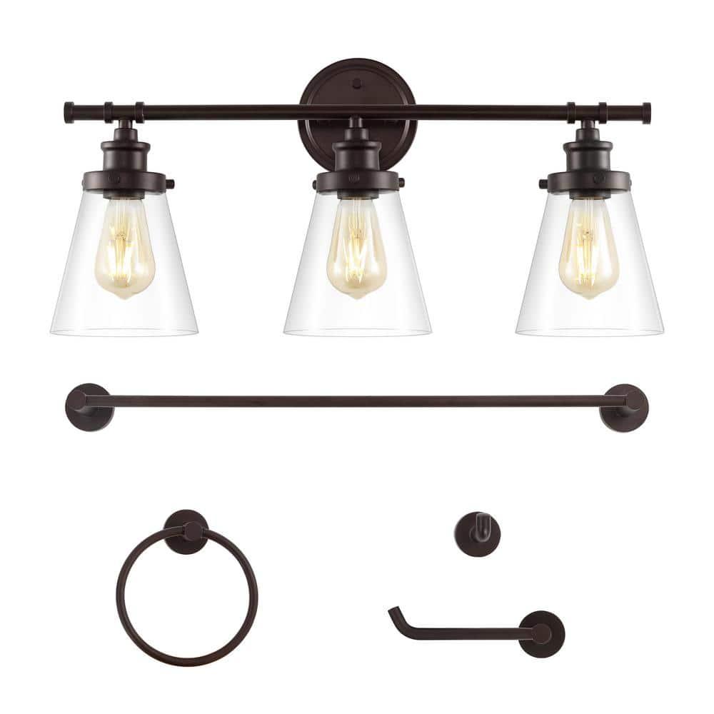 Hollis 23.75" 3-Light Traditional Farmhouse Vanity Light with Bathroom Hardware Accessory Set, Oil Rubbed Bronze (5-Piece)