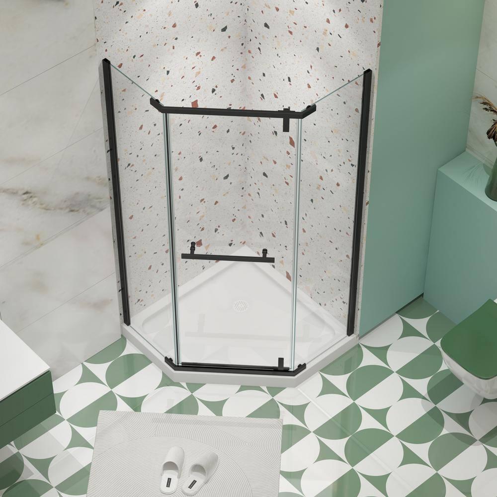 34.75" Wx72 H Neo-Angle Frameless Shower Door,Corner Shower Enclosure 304 Stainless Steel Handle,Pivot Shower Door with 1/4 in(6mm) Thick Tempered Clear Glass（Shower Base Not Included Black