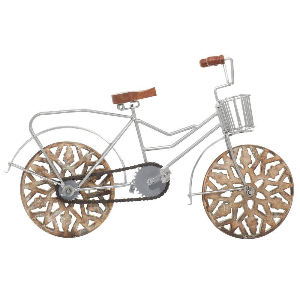 19" x 12" Brown Metal Bike Sculpture with Carved Wood Wheels, by DecMode