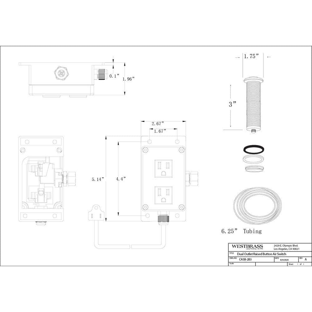 Westbrass Kitchen Sink Waste Disposal Air Switch and Dual Outlet Control Box, Flush Button