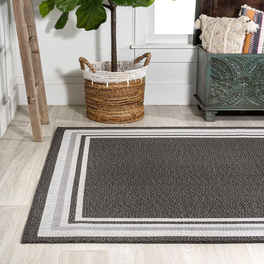 5' x 8' James Modern Border Stripe Indoor/Outdoor Area Rug, Black/Cream - JONATHAN Y