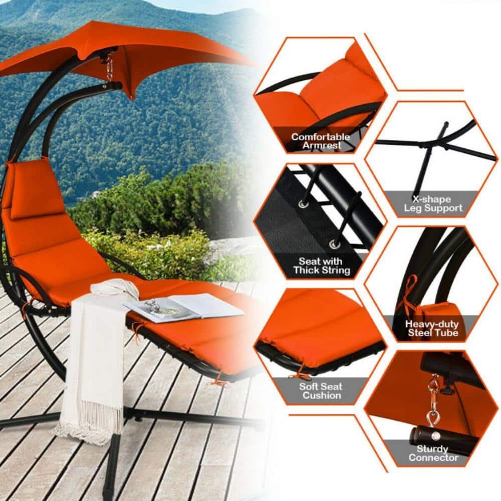 Resenkos Outdoor Chaise Lounge Chair, Hanging Stand Chaise Lounger Swing Chair with Pillow-Orange, Portable Recliner for Lawn Garden Beach Yard