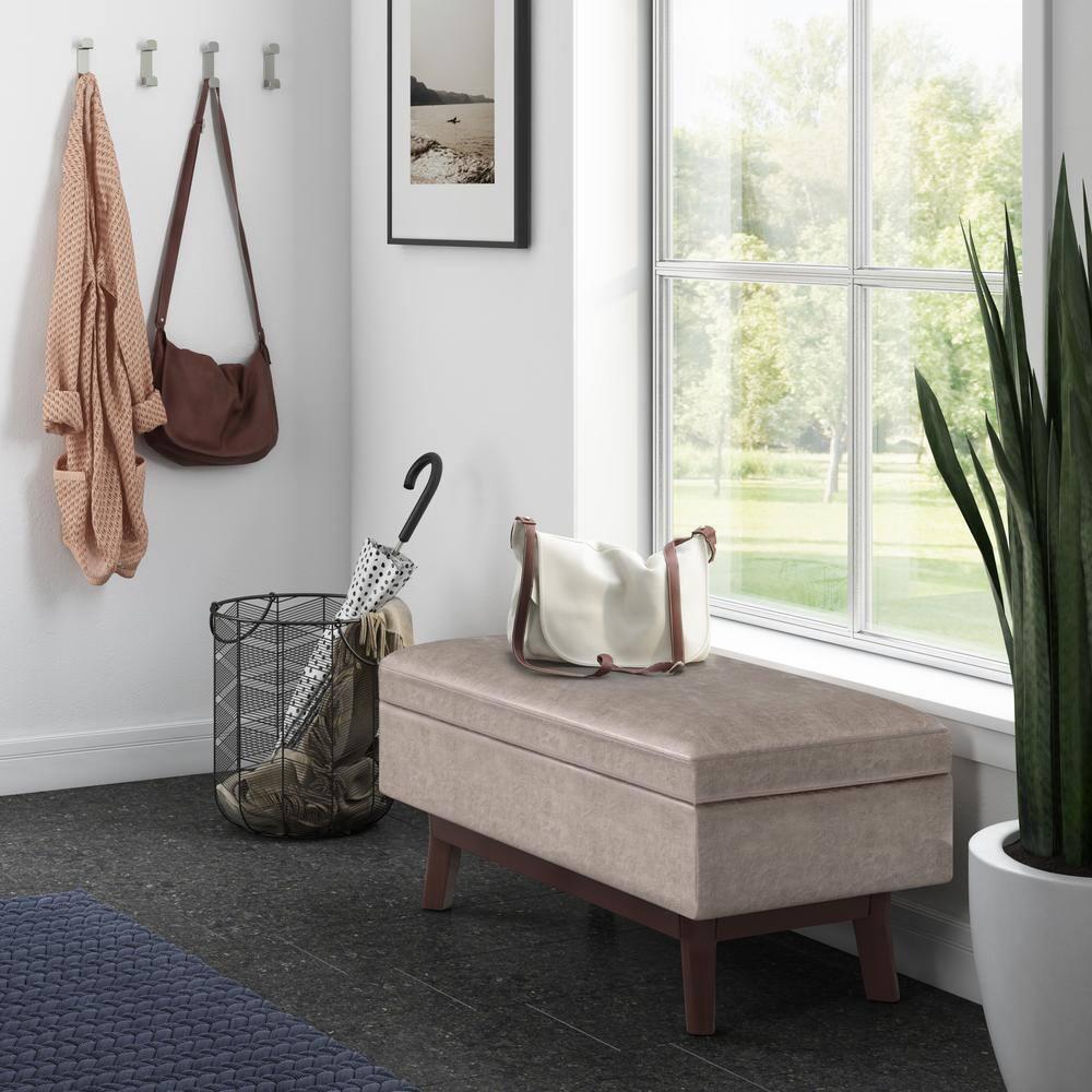 Simpli Home Owen 36 inch Wide Mid Century Modern Rectangle Small Rectangular Storage Ottoman in Distressed Grey Taupe Faux Air Leather