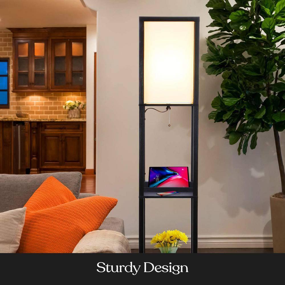 Brightech Maxwell 63 in. USB and Wireless Charging LED Floor Lamp with White Fabric Square Shade