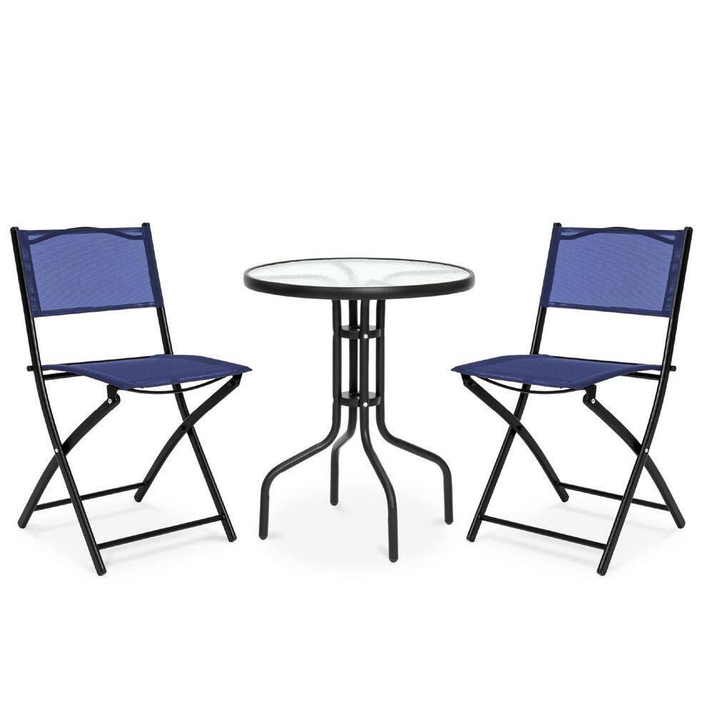 George Oliver 3-Piece Patio Bistro Dining Furniture Set W/ Glass Tabletop, Folding Chairs