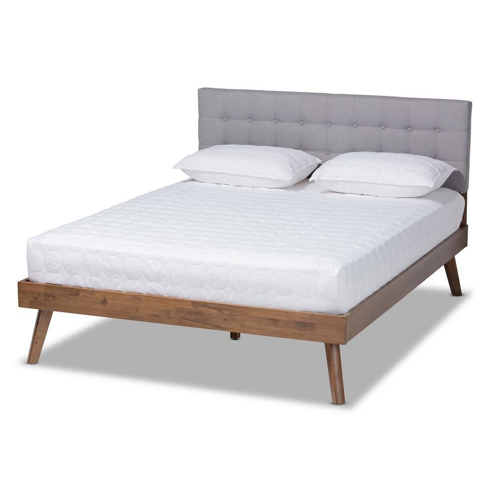 Full Devan Fabric Upholstered Platform Bed with Headboard Gray/Walnut - Baxton Studio: Mid-Century Modern, No Box Spring Needed