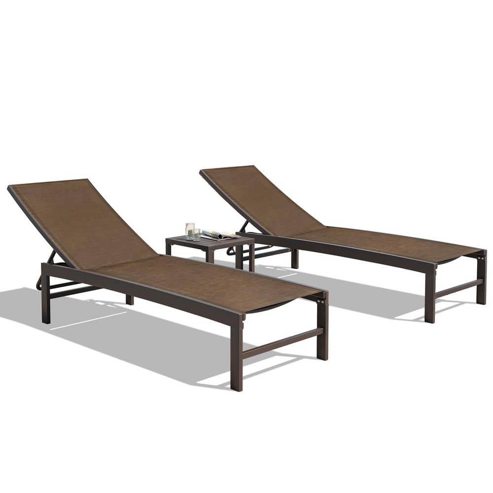3pc Outdoor Five Position Adjustable Curved Aluminum Lounge Set Brown - Crestlive Products: Weather-Resistant Patio Furniture Set with Side Table