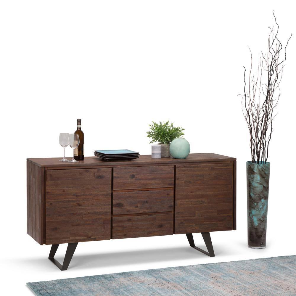 Simpli Home Lowry 60"W Solid Wood Modern Industrial 2-Door Sideboard Buffet with 3 Center Drawers