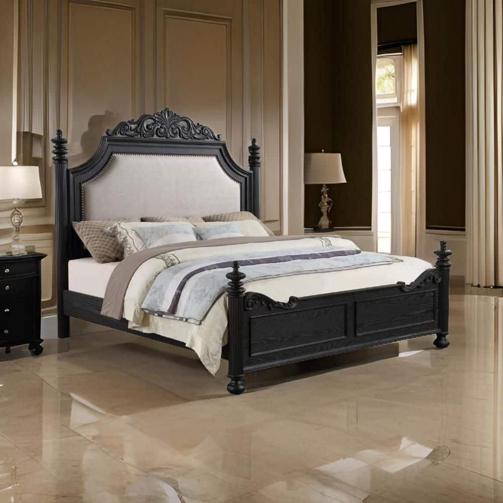 Berry King Black Wood Bed with Cream Upholstered Headboard