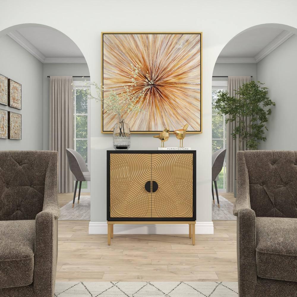 Mercury Row® Wood Relief Ripple Design 1 Shelf and 2 Door Room Cabinet with Crescent Moon Handles