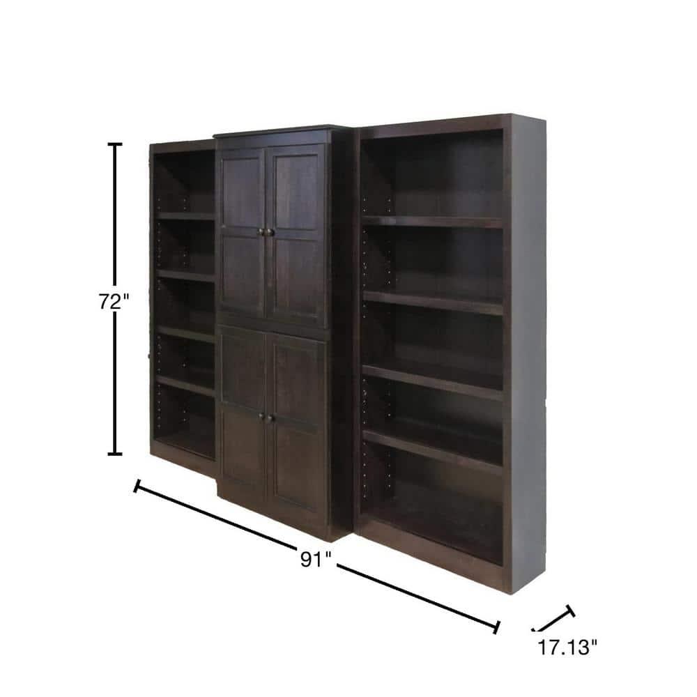 Concepts in Wood 15 Shelf Bookcase Wall with Doors, 72 inch Tall - Espresso Finish