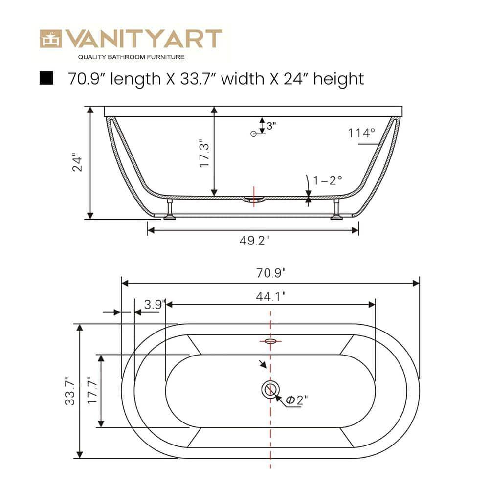 71" x 34" Freestanding Soaking Bathtub