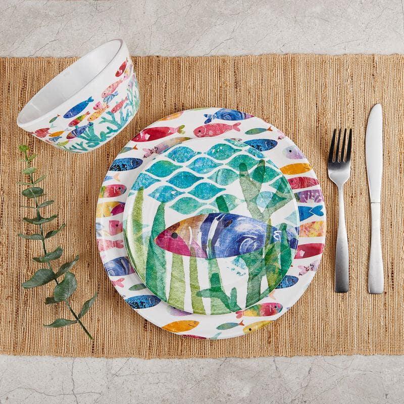 Fitz and Floyd Fitz and Floyd One Fish Two Fish 12-Piece Indoor/Outdoor Melamine Dinnerware Set, Service for 4