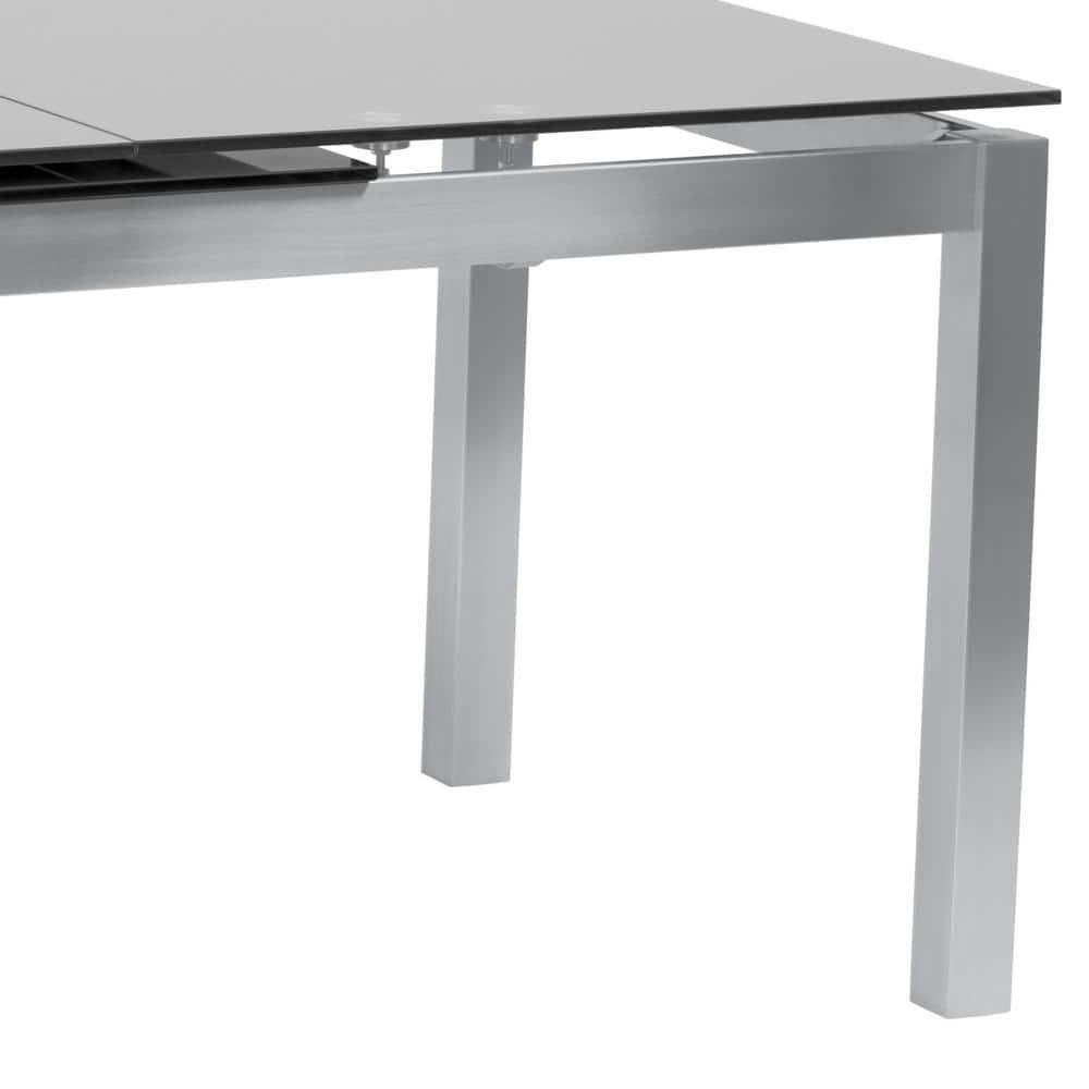 Armen Living IvanExtendable Dining Table in Brushed Stainless Steel and Gray Tempered Glass Top: Modern Self-Storing Leaf, Seats 6