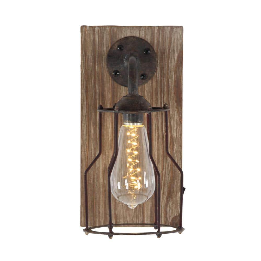 DecMode Industrial Metal Wall Sconce with Wood Backplate and Iron Cage, 6"W x 11"H Features Rustic Brown Finish