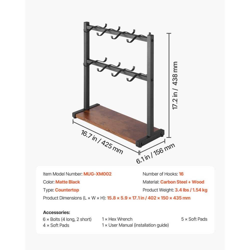 Coffee Mug Holder for Countertop, 16-Hooks Coffee Cup Holder with Storage Base, 2-Tier Mugs Tree Rack Carbon Steel