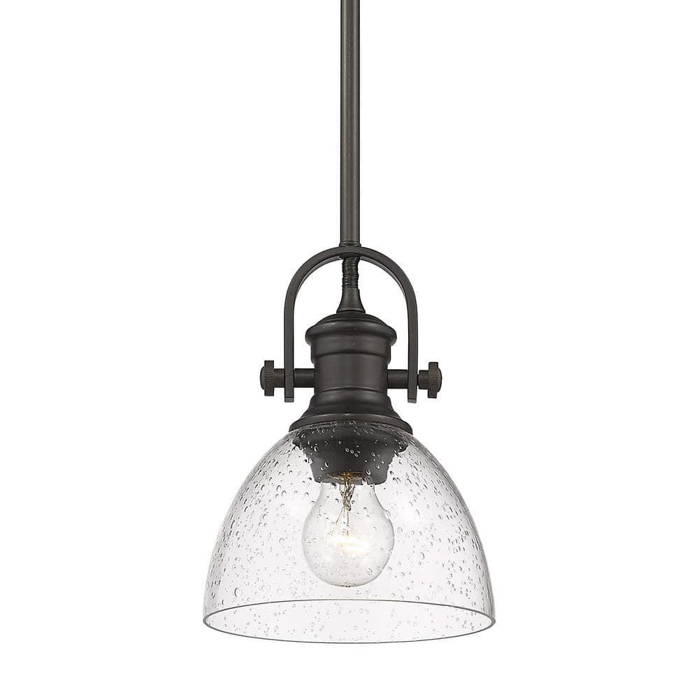 Golden Lighting Hines 1-Light Mini Pendant in Rubbed Bronze with Seeded Glass