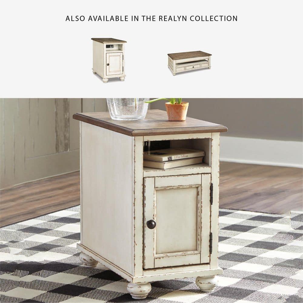 Realyn Chairside End Table White/Brown - Signature Design by Ashley: Cottage Style, Power Outlets, USB Ports